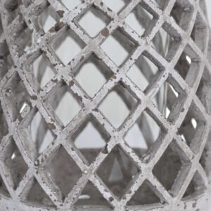 at 22cm high and 17cm deep and wide this is an ideal sized lantern that would make a welcome addition to any lighting collection. Made from ceramic and finished in a natural stone colour ensures this piece will look great in any interior while the lattice pattern and hurricane lamp style creates a contemporary feel. For the use of LED faux candles.