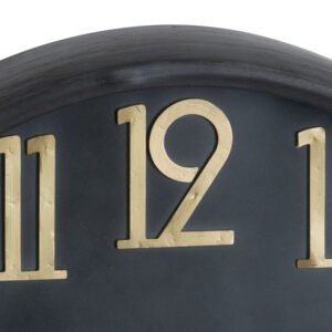 a unqiue timepiece with a retro style. A Black clock face has been used accompanied by brass numbers