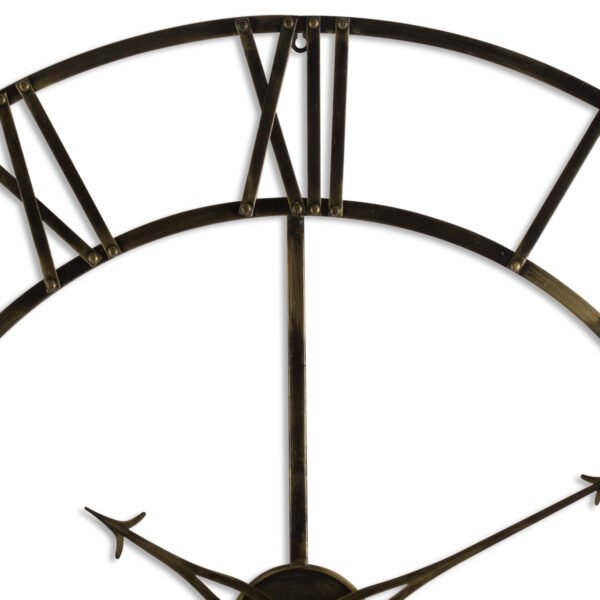 at 100cm across this piece will make a grand statement on many wall spaces. The skeleton clock style is hugely popular while the antique brass finish adds a vintage feel. Both functional and attractive this clock is a great addition to your timepiece collections. See 20433 for a smaller version.