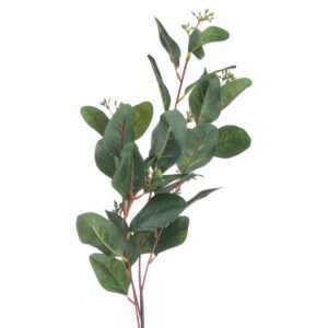 rounded leaves and delicate seed pods. The realistic texture and natural coloration make it indistinguishable from fresh-cut eucalyptus. Perfect for year-round displays