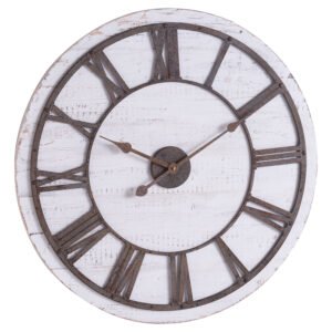 This is the Rustic Wooden Clock With Aged Numerals a whitewashed backboard and aged metal work to deliver a rustic piece that will appeal to custiomers looking to curate a country-inspired look. Particularly well suited to kitchens.