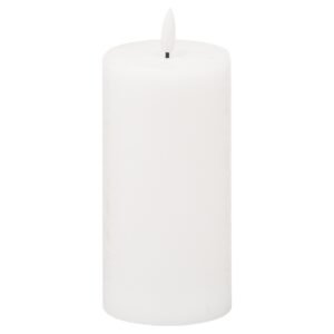 This 3 x 6 real wax battery operated pillar candle is perfect for decorating your home or adding the finishing flourish to your wedding venue. They are the simplest way to create a warm atmosphere. The amber LED flame flickers gently to imitate the effect of a real flame but without the messy wax