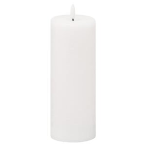 This 3 x 8 real wax battery operated pillar candle is perfect for decorating your home or adding the finishing flourish to your wedding venue. They are the simplest way to create a warm atmosphere. The amber LED flame flickers gently to imitate the effect of a real flame but without the messy wax