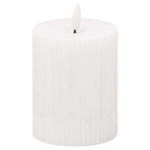 This real wax battery operated pillar candle is perfect for decorating your home or adding the finishing flourish to your wedding venue. The textured finish to this candle gives it an extra special element that will This real wax battery operated pillar candle is perfect for decorating your home or adding the finishing flourish to your wedding venue. The textured finish to this candle gives it an extra special element that will subtly layer additional texture into a space. Candles are the simplest way to create a warm atmosphere. The amber LED flame flickers gently to imitate the effect of a real flame but without the messy wax