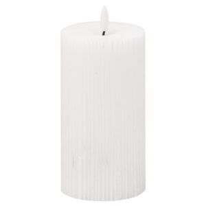 This real wax battery operated pillar candle is perfect for decorating your home or adding the finishing flourish to your wedding venue. The textured finish to this candle gives it an extra special element that will subtly layer additional texture into a space. Candles are the simplest way to create a warm atmosphere. The amber LED flame flickers gently to imitate the effect of a real flame but without the messy wax