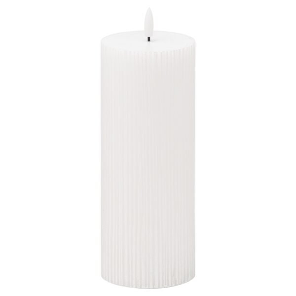 This real wax battery operated pillar candle is perfect for decorating your home or adding the finishing flourish to your wedding venue. The textured finish to this candle gives it an extra special element that will subtly layer additional texture into a space. Candles are the simplest way to create a warm atmosphere. The amber LED flame flickers gently to imitate the effect of a real flame but without the messy wax