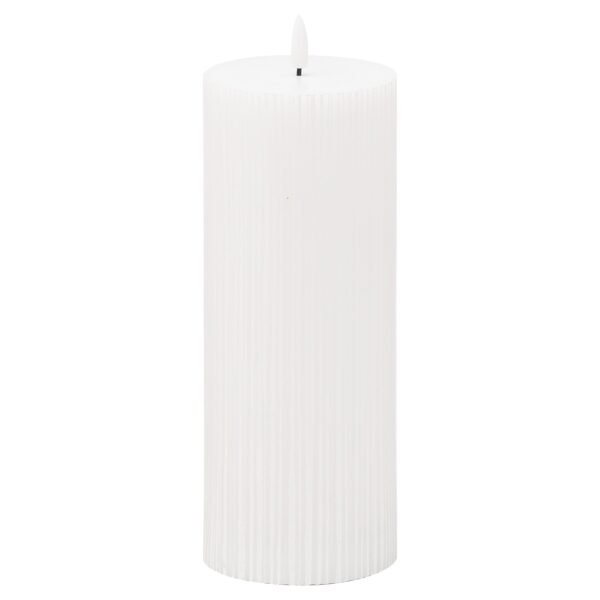 This real wax battery operated pillar candle is perfect for decorating your home or adding the finishing flourish to your wedding venue. The textured finish to this candle gives it an extra special element that will subtly layer additional texture into a space. Candles are the simplest way to create a warm atmosphere. The amber LED flame flickers gently to imitate the effect of a real flame but without the messy wax