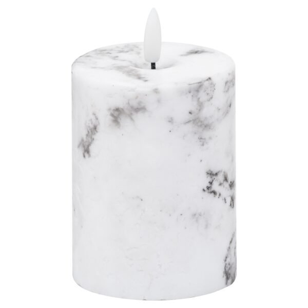 This 3 x 4 real wax battery operated pillar wick candle is perfect for decorating your home or adding the finishing flourish to a venue. The marble finish to this candle will look fantastic in contemporary styled interiors and adds a unique quality to each piece. Candles are the simplest way to create a warm atmosphere. The amber LED flame flickers gently to imitate the effect of a real flame but without the messy wax