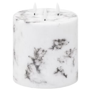 This 6 x 6 real wax battery operated three wick candle is perfect for decorating your home or adding the finishing flourish to a venue. The marble finish to this candle will look fantastic in contemporary styled interiors and adds a unique quality to each piece. Candles are the simplest way to create a warm atmosphere. The amber LED flame flickers gently to imitate the effect of a real flame but without the messy wax