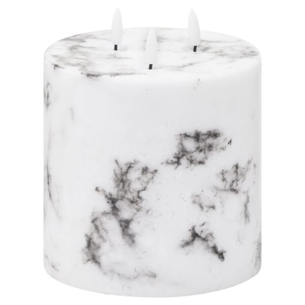 Embrace the allure of innovative lighting technology merged with traditional wax craftsmanship in this remarkable three-wick decorative piece. The distinctive marble-effect finish ensures each candle maintains its individual character