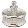 This is the Silver Foil Effect Large Trinket Jar. A handcrafted silver foil trinket jar with beautiful etching. Add one as a finishing touch to your favourite shelfie or pair it with the matching smaller version for a staggered height display. The perfect finishing touch to almost any surface space.