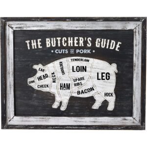 Bring vintage culinary charm to your retail space with this striking Butcher's Guide wall plaque. Featuring a classic beef cut diagram rendered in crisp white against a weathered background