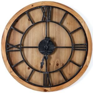 This is the Williston Wooden Wall Clock. An eye-catching round timepiece which will fit with a variety of decor schemes. The grey metal roman numerals and movement gains great stand-out against its wood surround.  Supplied with hook for wall mounting already attached to the frame