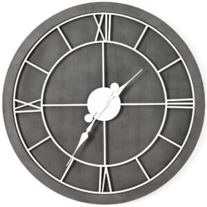 This is the Williston Grey Wall Clock. An eye-catching round wall clock which will fit with a variety of decor schemes. The white metal roman numerals and movement gains great stand-out against its grey painted wood surround. Supplied with hook for wall mounting already attached to the frame