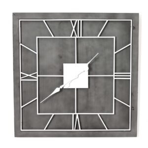 This is the Williston Grey Square Wall Clock. An eye-catching round wall clock which will fit with a variety of decor schemes. The white metal roman numerals and movement gains great stand-out against its grey painted wood surround. Supplied with hook for wall mounting already attached to the frame