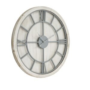 This is the Williston White Wall Clock. An eye-catching round wall clock which will fit with a variety of decor schemes. The light grey metal roman numerals and movement gains great stand-out against its white washed wood surround. Supplied with hook for wall mounting already attached to the frame