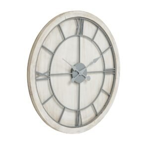 This is the Williston White Large Wall Clock. An eye-catching round wall clock which will fit with a variety of decor schemes. The light grey metal roman numerals and movement gains great stand-out against its white washed wood surround. Supplied with hook for wall mounting already attached to the frame