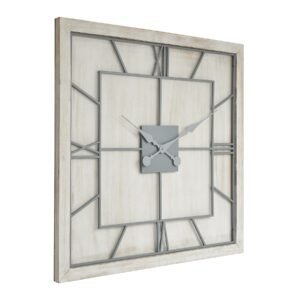 This is the Williston White Square Large Wall Clock. An eye-catching square wall clock which will fit with a variety of decor schemes. The light grey metal roman numerals and movement gains great stand-out against its white washed wood surround. Supplied with hook for wall mounting already attached to the frame