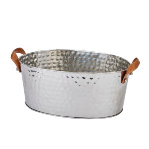 Exquisite craftsmanship meets functional elegance in this silver large leather-handled champagne cooler. The hammered metal surface creates a mesmerizing play of light