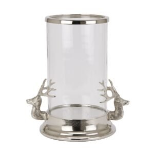 Bring a touch of woodland elegance to your store with this exquisite Silver Stag Heads Hurricane Lantern. This stunning piece features a clear glass cylinder delicately embraced by intricately detailed silver stag heads