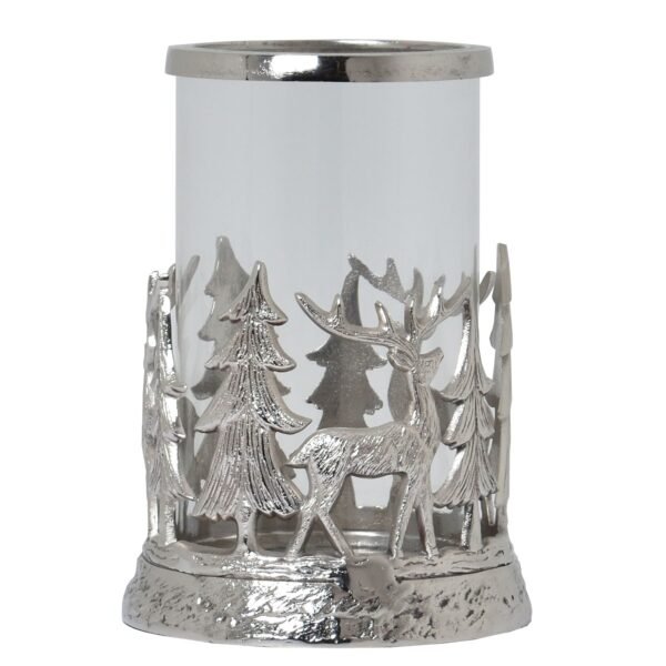 Immerse your customers in woodland wonder with our Silver Stag Scene Hurricane Lantern. This exquisite piece showcases a meticulously crafted forest tableau