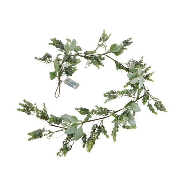 this garland creates an enchanting display that resonates with contemporary and traditional spaces alike. The thoughtful combination of frosted eucalyptus and soft