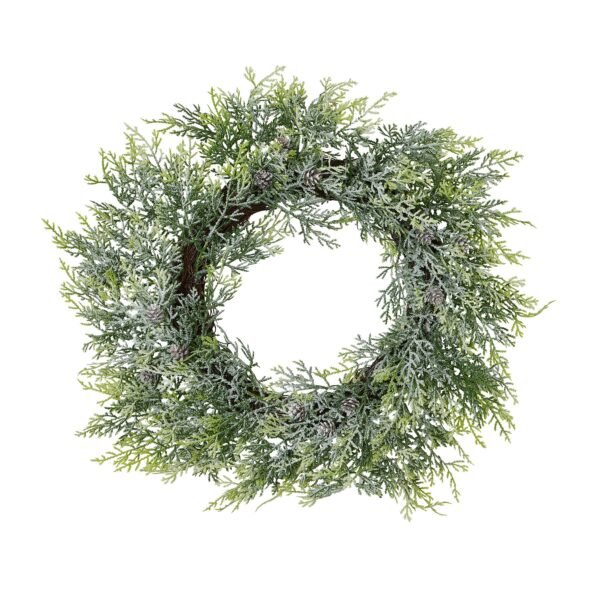 Experience the enchanting beauty of winter with this meticulously detailed frosted pine wreath