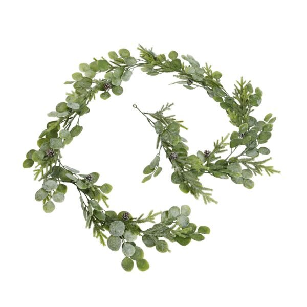 A stunning winter-themed garland that mingles delicate frosted pine branches with silvery eucalyptus leaves