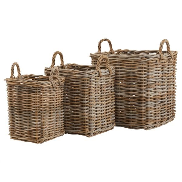 This is the Set of 3 Kubu Rattan Square Storage Baskets. Our sets of 3 rattan baskets are available in two shapes: round and square. This is the square option and has two handles for ease of handling. The set's neutral rattan finish is a big tick with the current trend for natural textures. These versatile storage items could be used for all manner of uses. Store your cosiest blankets in one and your kindling another