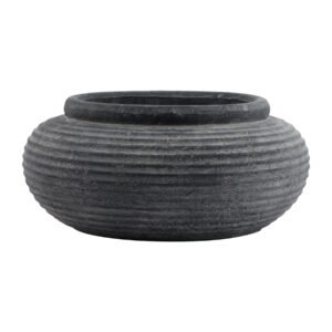 Bring sophisticated minimalism to your product range with the Amalfi Grey Round Ribbed Planter. This artfully crafted piece features precise horizontal ribbing that creates a mesmerizing textural pattern across its generous bowl-shaped form. The weathered charcoal finish lends an authentically aged appearance making it a perfect vessel for both indoor and outdoor styling.  Perfect for the modern consumer seeking understated luxury