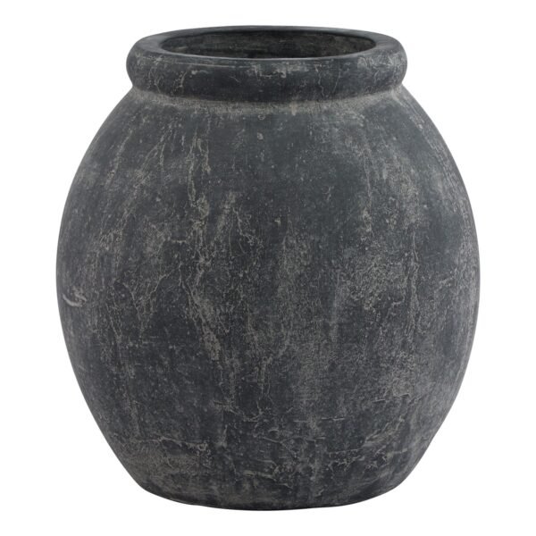 This distinctive jar-shaped planter in understated grey brings Mediterranean flair to any space. The smooth ceramic surface features subtle tonal variations that create depth and visual interest