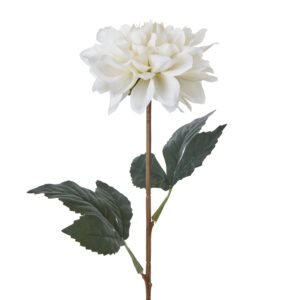 boasting layer upon layer of crisp white petals arranged in a flawless spherical form. Perched atop a lifelike stem adorned with vibrant green leaves