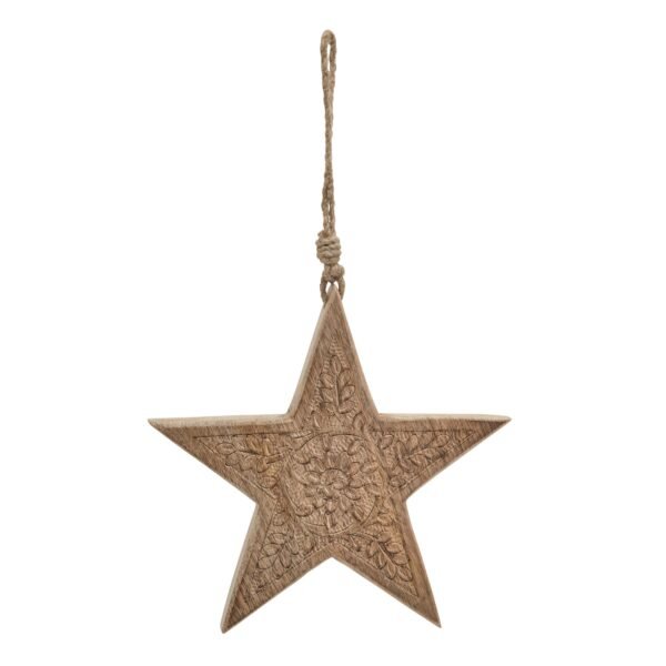 this patterned hanging star captures the spirit of traditional craftsmanship through its detailed geometric cutwork and natural wood grain texture. The star's construction showcases meticulous attention to detail