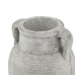 this Athena stone amphora pot brings timeless Mediterranean charm to any retail collection. The weathered grey finish and authentic ribbed texture evoke ancient Greek vessels