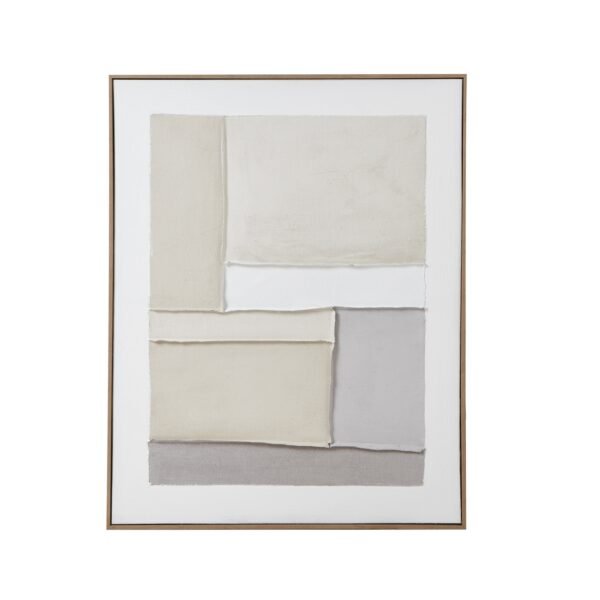 This sophisticated abstract canvas brings minimalist elegance to any contemporary space. The thoughtfully layered geometric composition in soothing neutral tones of cream