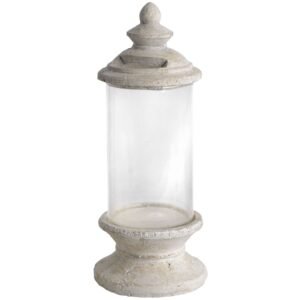 Glass candle lantern. Stone effect top and base with antiqued finish. For the use of LED faux candles.