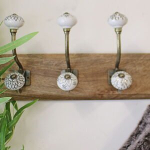 4 Double Ceramic Ivory Coat Hooks On Wooden Base