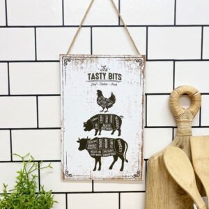 The Tasty Bits Wooden Hanging Plaque in White