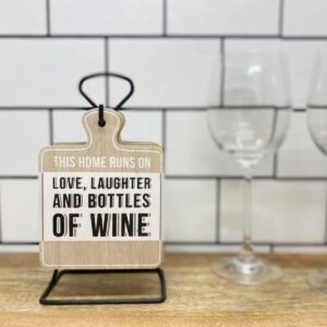 Set of Six Wine Slogan Coasters On Metal Stand