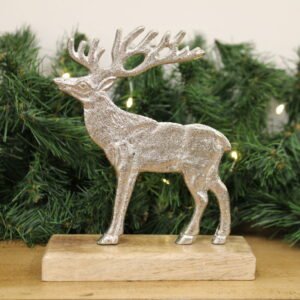 Silver Reindeer On Wood Base Large