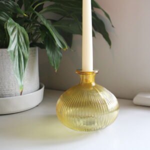 Yellow Ribbed Glass Candle Holder