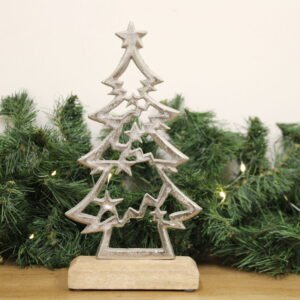 Silver Christmas Tree On Wooden Base Small