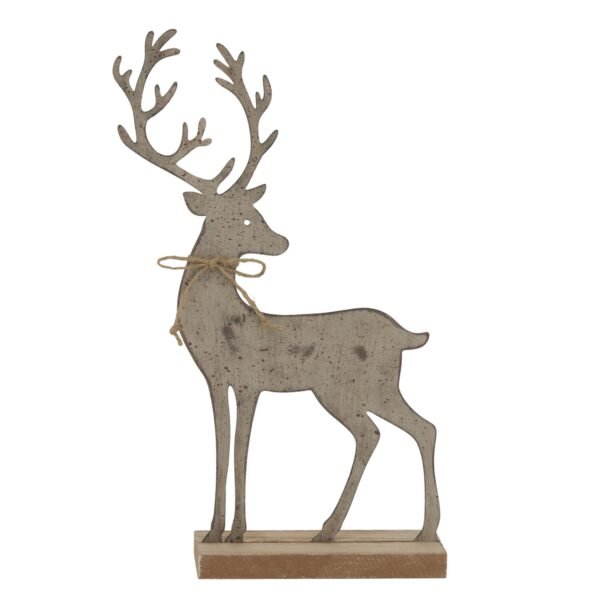 This rustic woodland sculpture masterfully combines weathered metal and natural wood elements to create an enduring seasonal display piece. The intricate metalwork captures the graceful silhouette of a noble reindeer