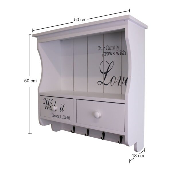 Wall Unit in White with Hooks, Drawers & Shelf - Image 6