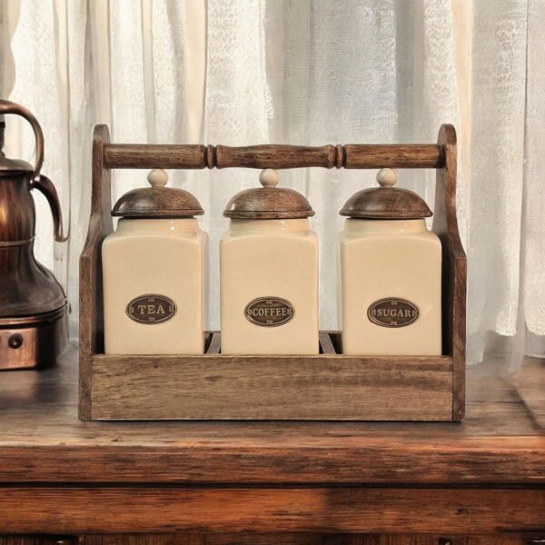 Ceramic Tea, Coffee & Sugar Jar's In Solid Mango Wood Rack - Image 5