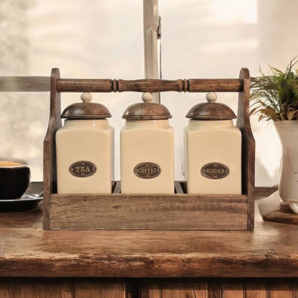 Ceramic Tea, Coffee & Sugar Jar's In Solid Mango Wood Rack - Image 6