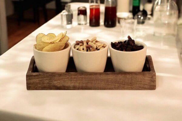 Set of 3 Ceramic Snack/Nibble Bowls with Mango Wood Tray - Image 6