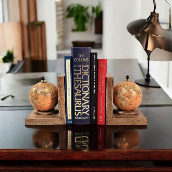 Pair of World Globe Bookends Set in Mango Wood - Image 4