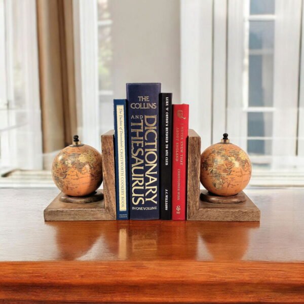 Pair of World Globe Bookends Set in Mango Wood - Image 5