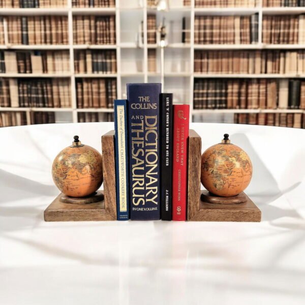 Pair of World Globe Bookends Set in Mango Wood - Image 6